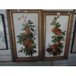 Two vintage painted glass panels of fruit still life in period frames