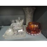 A selection of vintage clear cut crystal and carnival glass wares