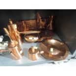 A selection of vintage copper wares including Royal Sable chocolate pot