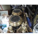 A selection of vintage fire side items including poker set and belows