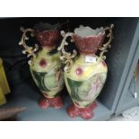 A pair of vintage mantle vases with transfer print