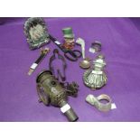 A selection of vintage trinkets and curios including cycle lamp, Beswick head etc