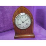 A vintage treen mantle clock with veneer inlay in a Bishops hat design with chime