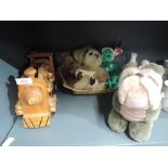 A selection of vintage cuddly and soft toys including wooden train