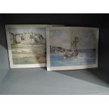 Two vintage prints of ships and docks