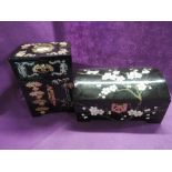 Two vintage Chinese style trinket cases with lacquer and floral finish