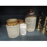 A selection of vintage salt glazed wares including advertising Haworth and son Nelson