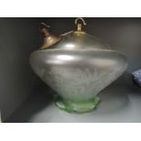 A vintage ceiling light shade green fade glass with etched floral work