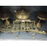 A selection of vintage brass wares including squat travellers kettle