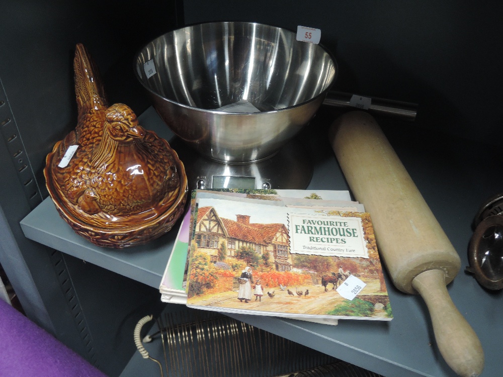 A selection of vintage kitchen items including hen egg nest
