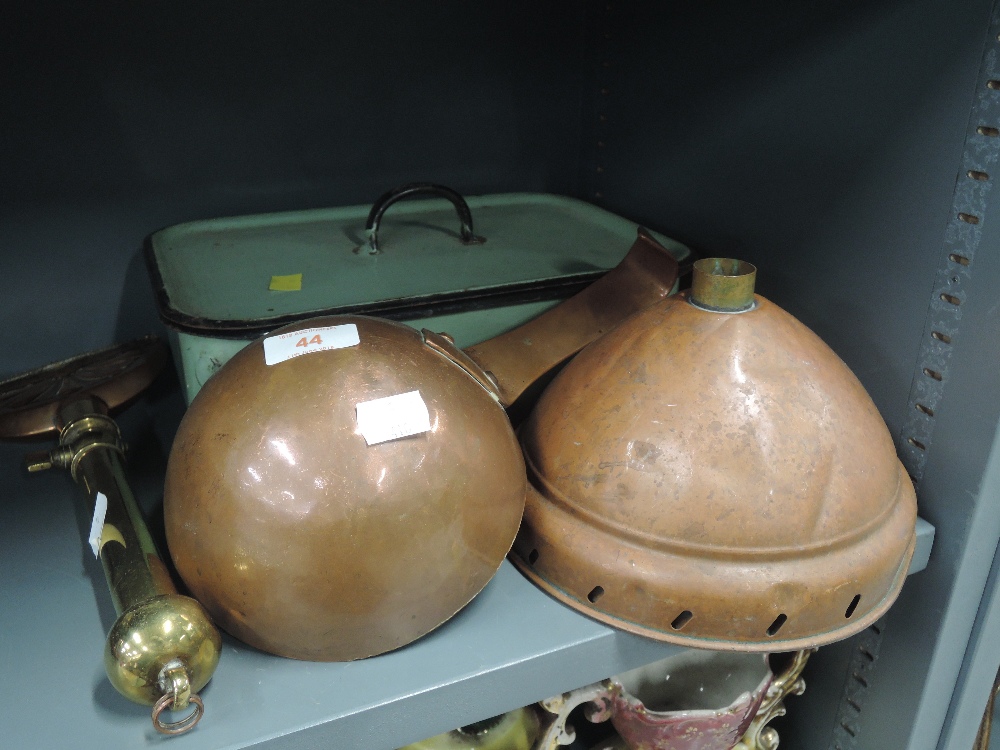 A selection of vintage kitchen items including copper posser head and scoop