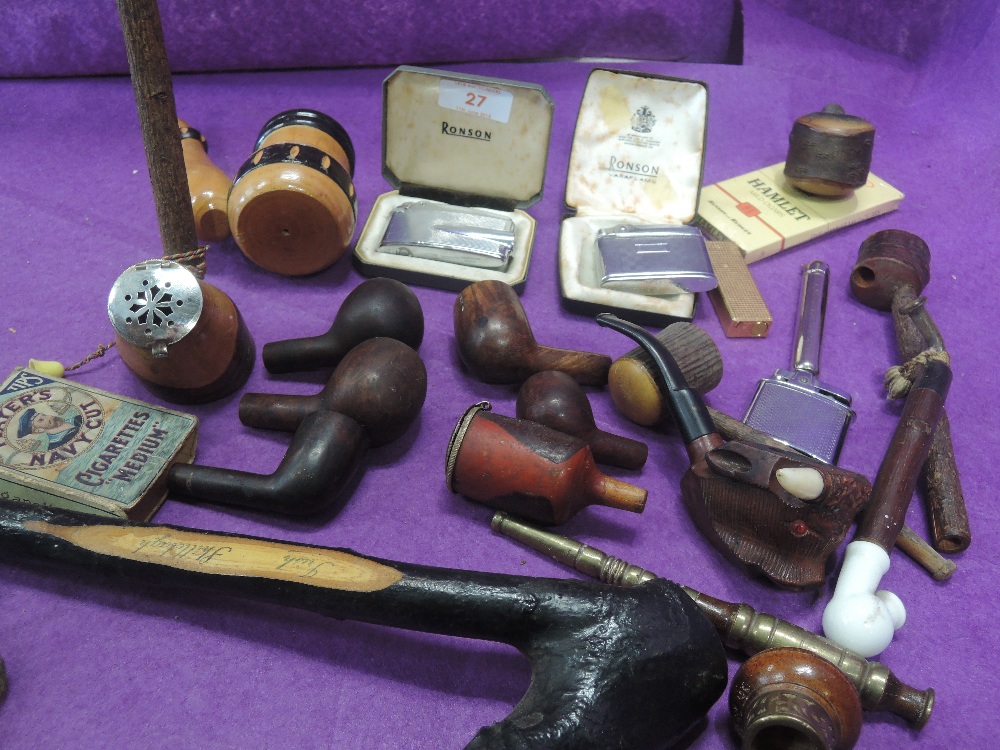 A selection of vintage tobacco pipes and cigarette lighter by Ronson Mosda etc