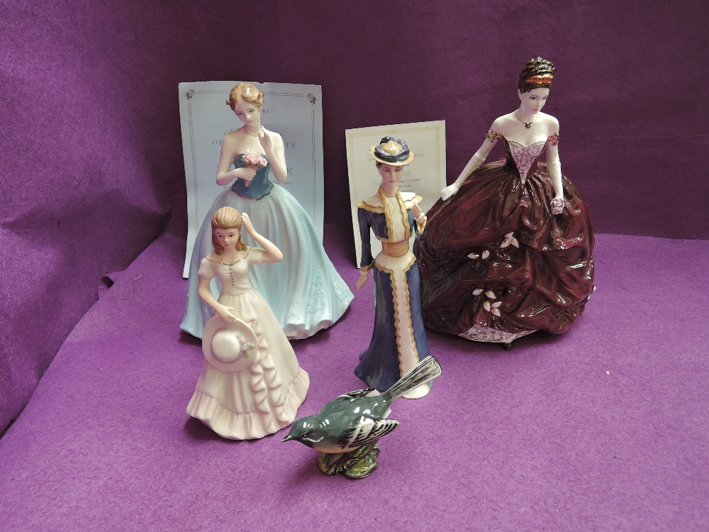 Two Coalport figurines, Dearest Rose & Emma both with certificates, two similar figurines and a