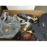 A box of cables, chargers, cameras, filters, flashguns and camera bags etc