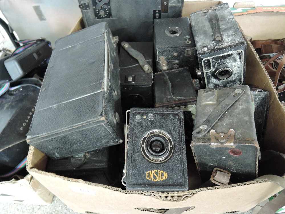 A box of various box cameras, including Ensign, Kodak Brownies etc