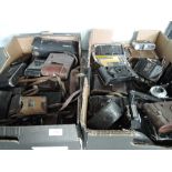 Two boxes of folding cameras including Ensign Kodak, Hawk-Eye etc in need of cleaning and some