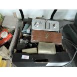 A box of camera and photographic parts including Leica Motor, Leitz Wetzlar, Motorama, light meters,