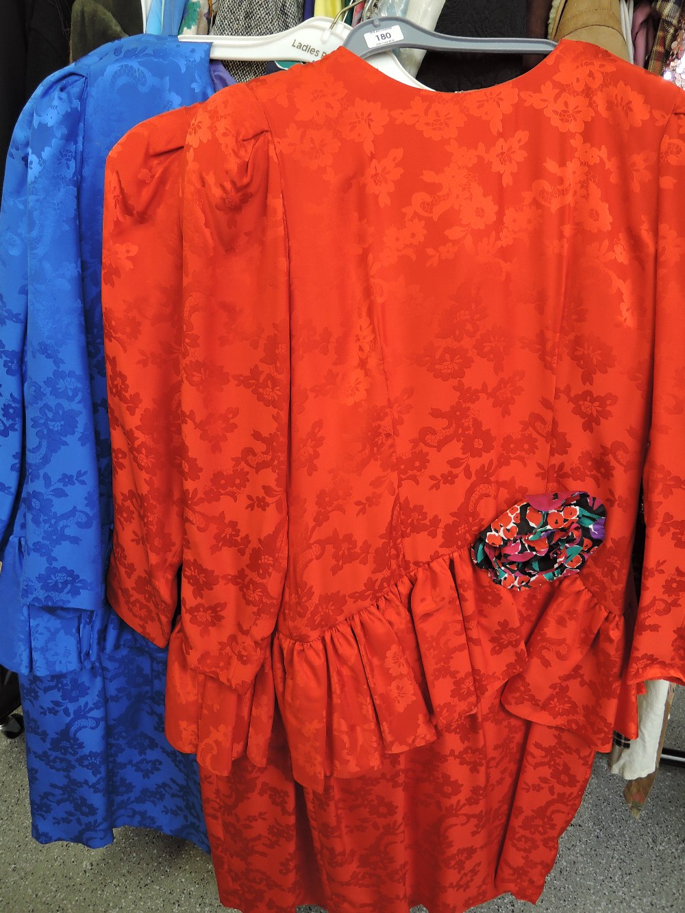 Four 1980's lady's crimson and blue silk dresses by St Gillian (2+2) having floral self coloured