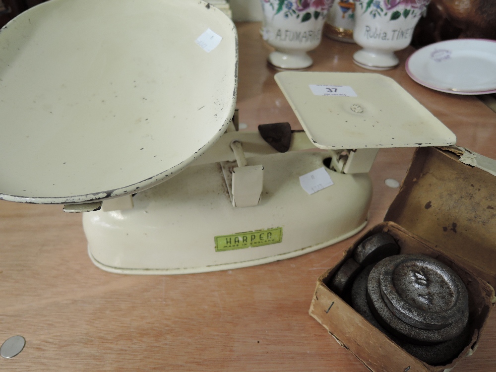 A set of Harper vintage enamelled kitchen scales and weights