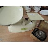 A set of Harper vintage enamelled kitchen scales and weights