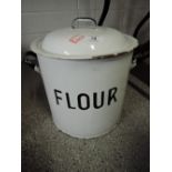 An enamel flour bin