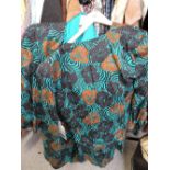 Two 1980's lady's silk suits by Julie Francis in shades of green, brown and black, one also having