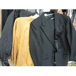 A gents mustard coloured cotton bomber jacket by Jaeger, size 50, a black wool evening suit by