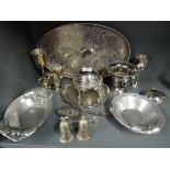 A selection of vintage plated wares including salt holder and cruit set