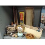 A selection of vintage house hold hardware items including travel iron and stand