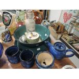 A selection of modern ceramics including blue glaze teapot