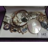 A small selection of costume jewellery including mother of pearl necklace, 9ct gold St Christopher