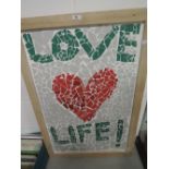 A modern mosaic style wall plaque with Love Life slogan