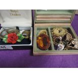 A small selection of costume jewellery including Royal Doulton porcelain brooch, scarf ring etc
