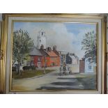 A vintage oil on canvas depicting milk man with horse and cart