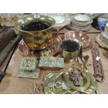 A selection of vintage brass and copper wares including ink pot and roller