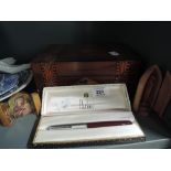 A selection of vintage religious and treen items including writers box and Parker pen in box