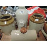 Two salt glazed pots and two ceramic bedwarmers