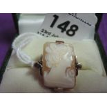 A lady's dress ring having a rectangular conche shell panel on a 9ct gold loop, size P