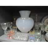 A selection of vintage glass wares including 1950's glasses and large milk glass vase
