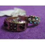 Two Victorian 9ct gold dress rings including turquoise and seed pearl and garnet and seed pearl