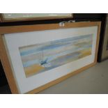 A watercolour, Andrew Morris, Sailing boat on beach, signed, 8in x 26in