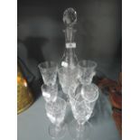 A selection of vintage clear cut crystal glass wares including decanter and wine glasses