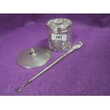 A cut glass dressing table pot with HM silver lid, HM silver handled button hook and HM silver lid