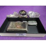 A small selection of HM silver and plated ware including two trinket dishes, a small clothes brush