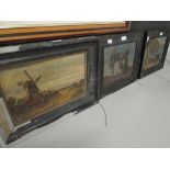 Three vintage oil paintings two canvas one board with Flemish scenery and windmill