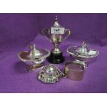 A small selection of silver plated ware including a pair of lidded salts, trophy etc