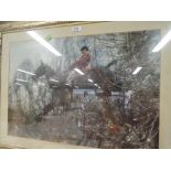 A vintage fox and hunting theme print and original oil on canvas signed R Moseley