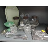 A selection of vintage curios and trinkets including green glass bowl