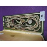 A small selection of costume jewellery including HM silver signet ring, pearls, wrist watches etc