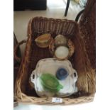 A selection of vintage ceramics and wicker basket